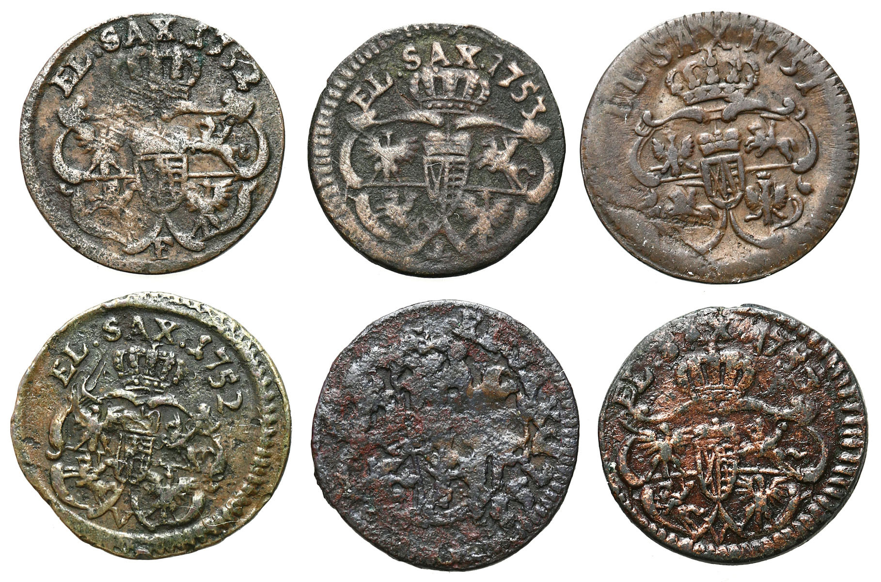 August III Sas. Szeląg 1751-1753, zestaw 6 monet